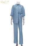 Causal Loose Trouser Suits Autumn Short Sleeve Blouse With High Wasit Pants Set Women Elegant Brown 2 Piece Pants