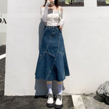Women Denim Trumpet Skirt Streetwear Casual Irregular Patchwork A Line High Waist Ladies Mermaid Jean plaid Skirt