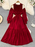 Vintage Women Hollow Out Long Dress Elegant Ruffle O-Neck High Waist A-Line Big Swing Party Vestidos Female New