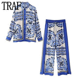 Blue Print Satin Shirt Woman Long Sleeve Top Female Vintage Button Up Shirt Women Casual Loose Summer Blouses Woman