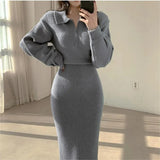 and Winter Retro Korean Version of Long-sleeved Knitted Dress Women's Zipper Lapel Elegant Warm Mid-length Jumpsuit
