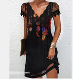 Sexy Elegant Fashion Party Dresses Women V-neck Floral Print Short Sleeve Lace Mini Dress Oversized Vestido Feminino