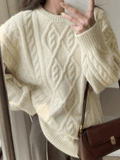Crew Neck Cable Knit Pullover Sweater- Outfit