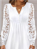 Mini Dress Women Summer Elegant Dress Female Fashion O Neck Button Dress Ladies Lace Hollow Out Long Sleeve