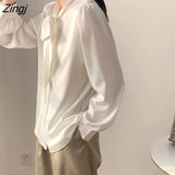 Women Shirts Elegant Spring Long Sleeve Office Bow White Clothing Solid Simple Tops All-match Leisure Breathable