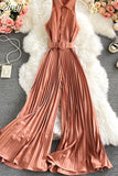 Women's Romper Spring Autumn 2023 Turn-Down Collar Sleeveless Vintage Playsuits Female Off Shoulder Pleated Jumpsuit New
