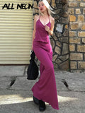 Y2K Fashion Sexy Backless Solid 2 Piece Co-ord Suits 90s Vintage Lace-Up Lettuce Trim Halter Tops and Maxi Skirt
