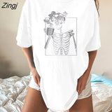 Harajuku Drop Shoulder T-shirt Women Tea-drinking Skull Skeleton Funny Tee Half Plus Size Hip Hop Summer Punk