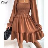 Fashion Women A-line Dresses 2021 Fall New Solid Hedging Square Collar Ruffle Sleev High Waist Folds Backless Midi