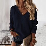 Women's Wear Solid Street Hipster Color Sweater V-neck Long Sleeve Pullover