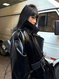 Spring Autumn Extra Long Oversized Cool Reflective Shiny Black Paten Leather Trench Coat for Women Belt Runway