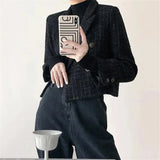 Vintage Black Blazers Women Elegant Short Jacket Korean Autumn Winter Tweed Cropped Suit Coat Tops Retro Casual