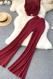 Women Red/Black/White Two Piece Set Elegant Square Collar Short Tops + High Waist Flare Pants Fashion Suits Female