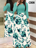 Winter 5XL Floral Print Patchwork Casual Fashion Maxi Dress Lady Long Sleeve Elegant All-match Robe Vestido Women