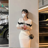 Women O Neck Half Sleeve Pullover Tops High Waist Maxi Skirts Elegant Suits Summer New Striped Hit Color Knitted Two Piece
