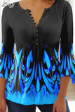 Floral Print Summer Blouse Women Elegant Simple Shirt V Neck Button 3/4 Length Sleeve Casual Holiday Basic Tops