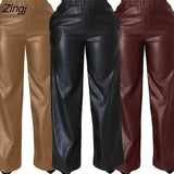 Womens PU Faux Leather Straight Pants High Waist Female Loose Wide Leg Trousers Pocket Fashion Vintage Leisure