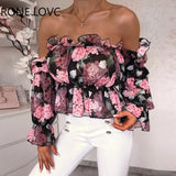 Women Floral Print Off Shoulder Ruffles Blouse Spring Tops and