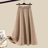 Knitted Two Piece Set Womens Outfits Korean Casual Turn Down Collar Long Sleeve Embroidery Knitted Sweater+skirts