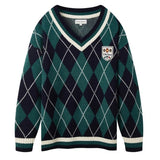 Brand Chic Vintage V-neck Argyle Sweater Women Harajuku Teens Loose Winter Pullovers Green Red Y2K Preppy Clothes