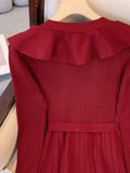 Winter Warm Knitted Dress For Women High Quality Ruffle Patchwork Retro High Waist Pleated Dresses Ladies Temperament