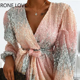 Women Chic Deep V neck Sequin Sashes Lantern Sleeve Mini Sexy Party Gradient colour