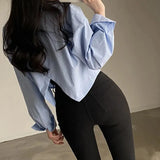 Y2K White Slit Shirts Women Korean Elegant Solid Casual Long Sleeve Split Chic Blouse Fashion Streetwear Loose Crop