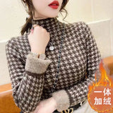 Winter High Collar Houndstooth Plus Velvet Sweater Ladies Slim All-match Bottoming Pullover Top Women Casual Warm