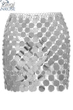 Trendy Women Metal Mirror Disc Mini Skirt Paillette Sequins Body Chain Nightclub Party Y2k Hollow Out Solid Skirt