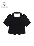 Women Black T Shirts 90s Girls Short Sleeve Sexy Hollow Out Crop Top Aesthetic Casual Vintage Tee Top Summer Streetwear