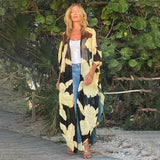 Boho Parrot Printed Front Open Summer Beach Dress Sexy White Chiffon Tunic Women Plus Size Beachwear Long Kimono Dress