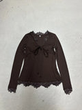 Lace Splicing Deep V-Neck Long-Sleeved T-Shirt Girl 2025 New