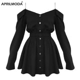 Gothic Shirt Dresses Black Button Y2K Robe Off Shoulder Women Sling Streetwear Long Sleeve A Line Grunge Punk
