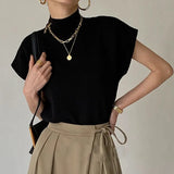Vest Shirt Summer Solid Stand-up Collar Knitted Vest Short Sleeve Office Lady Loose Elegant Straight Top All Match