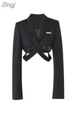 Autumn New Chic Long Sleeve Turn Down Collar Cross Waist Hollow Out Slim Blazer Women Streetwear Black Crop Top Coat