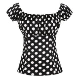 Retro Vintage 50s Tops Black Summer Short Sleeve Polka Dot Printed Cotton Shirts Slash Neck Pin Up Casual Women's
