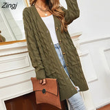 Women Long Cardigan Sweater Jacket 2021 Winter New Solid V-neck Pocket Button Knitwear Vintage Twist Cardigans