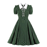 Green Vintage Retro 50s 60s Women Dress Polka Dots Printed Short Sleeve Turn Down Collar Rockabilly A Line Party