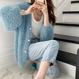 Winter Women V Neck Cardigan Knitted Mohair Sweater Coat Long Sleeve Vest Thicken Crochet