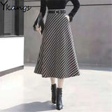 Winter Woolen Houndstooth Midi Skirt With Belt Office Ladies 2021 A-Line Long Skirt For Women Plus Size Plaid Midi