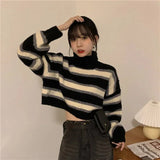 Sweater Women Sexy Cropped Turtleneck Striped Pullovers Streetwear Korean Loose Long Sleeve Knitted Sweater Chic Lady