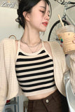 Knitted Cardigan Solid Coats Two Piece Striped Tanks Sets Women American Retro Pull Femme Crop Tops Sweaters Off