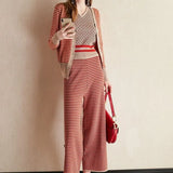 3 PCS Sets Striped Cardigan Jacket + Suspender Vest + Side Slit Skinny Broad-legged Pants Women Early Autumn