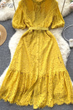 Women Lace Party Long Dress Vintage O-Neck Puff Short Sleeve High Waist Single Breasted A-Line Elegant Vestidos