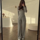 Summer New Women's Round Neck Solid Color Wide Leg Pants Temperament Commut Fashion