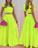 Summer Bright Flutter Sleeve Shirred Back Crop Top & Maxi Skirt Set Two Piece Women Boho Long Skirt Suits Robe
