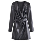 Elegant Dresses For Women Faux Leather Lace Up Button SleevelessMini Dress Office Ladies Pu Winter Clother Women Slim
