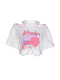 Summer Letter Printed T-shirt Women Clothes Aesthetic Short Sleevle Crop Top 90s Streetwear Y2K Off Shoulder Hollow Out