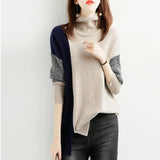 Winter Women's High Collar Patchwork Irregular Sweater Lady Elegant Fashion All-match Knitting Pullover Bottoming
