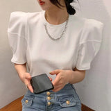Cool Chain Puff Sleeve Rose Red Solid T Shirts Elegant Fashion Office Lady Loose Summer Large 2XL O-neck Tops